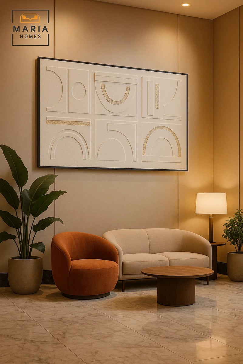 ماريا هومز فن الجدران الهندسي الفاخر 150×100 | قماش حديث ذو ملمس | الديكور الأبيض البسيط - Image 3